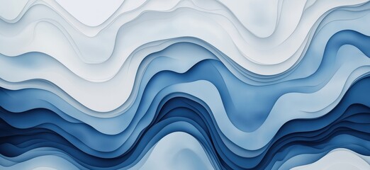 Poster - Abstract wavy blue and white layered design with smooth curves and gradients, copy space for text