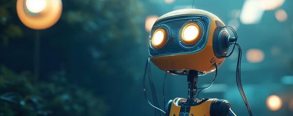 Poster - Robot with glowing eyes and headphones in a futuristic setting, showcasing advanced technology and design, copy space for text