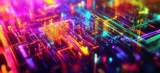 Poster - Vibrant Abstract Digital Circuitry with Neon Lights and Colorful Patterns, copy space for text
