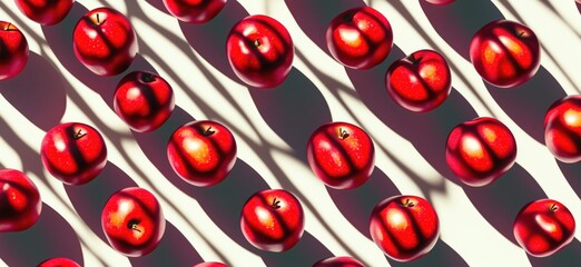 Poster - Red apples arranged in pattern casting shadows on white surface, copy space for text