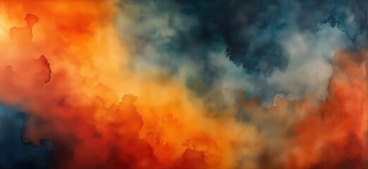 Poster - Vibrant Abstract Watercolor Background with Fiery Orange, Deep Blue, and Soft Gray Hues, copy space for text