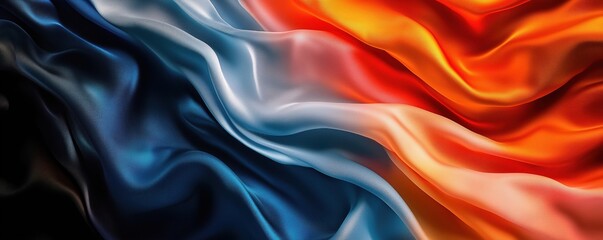 Poster - Abstract flowing fabric waves in blue, white, orange, and red colors, copy space for text