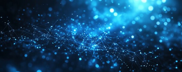 Poster - Abstract blue digital network background with glowing particles and connections, copy space for text