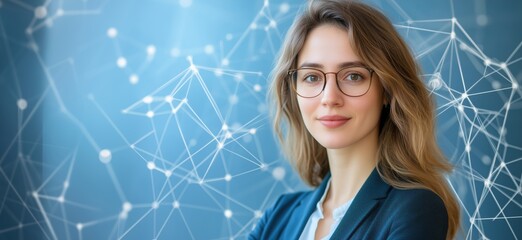 Poster - Professional woman with glasses against abstract technology background, showcasing innovation and confidence, copy space for text