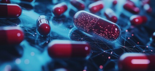 Poster - Digital representation of pharmaceutical capsules with interconnected network design, copy space for text