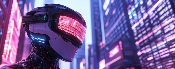 Poster - Futuristic robot with neon visor in cyberpunk cityscape, vibrant lights and advanced technology, copy space for text