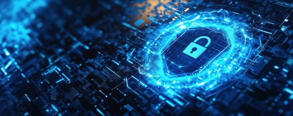 Fototapete - Digital security shield with lock symbol on futuristic technology background, copy space for text