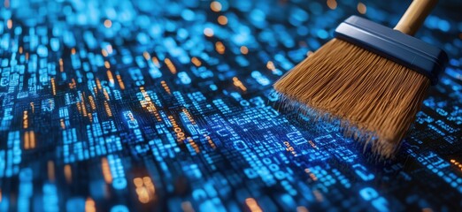 Poster - Digital cleaning process represented by broom sweeping through binary code and data streams, copy space for text