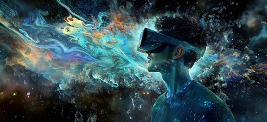 Poster - Virtual Reality Experience with Cosmic Visuals and Colorful Abstract Background, copy space for text