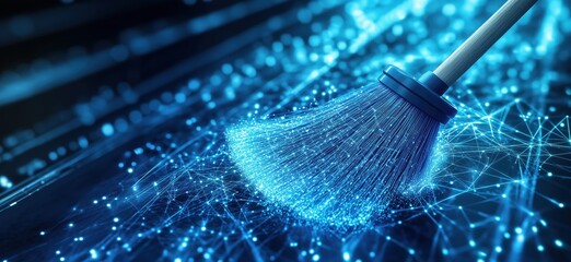 Poster - Digital broom sweeping away data particles, representing data cleaning and organization, copy space for text