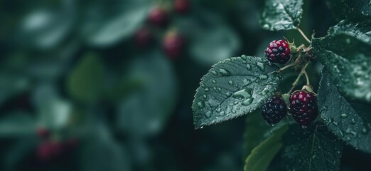 Poster - Ripe blackberries glistening with raindrops on lush green leaves in moody atmosphere, copy space for text
