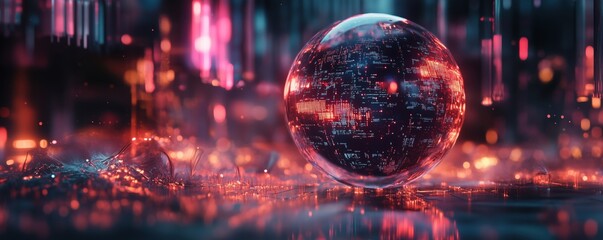 Poster - Futuristic glowing sphere with digital world map, vibrant colors, abstract technology background, copy space for text