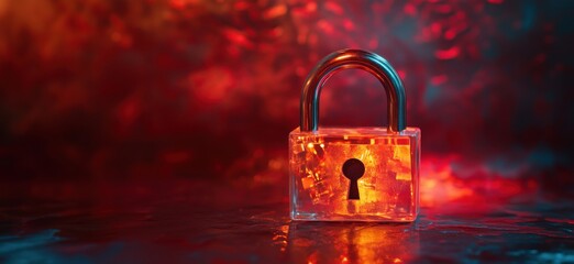 Fototapete - Lock with keyhole illuminated by vibrant orange and red light, reflecting security and mystery, copy space for text