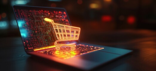 Poster - Digital Shopping Cart Glowing on Laptop Screen with Abstract Data Background, copy space for text