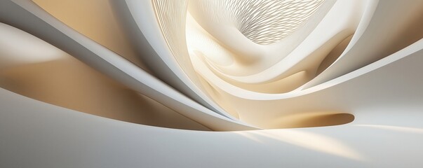 Poster - Abstract fluid shapes and curves in soft beige and white tones with intricate patterns, copy space for text