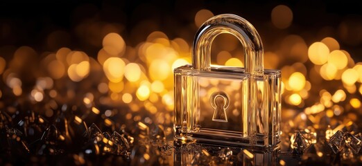 Poster - Transparent padlock on sparkling golden background with keyhole design, copy space for text