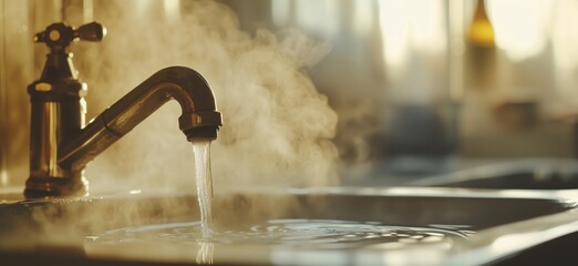 Poster - Steaming Water Flowing from Faucet into Sink Creating Ripples and Mist, copy space for text