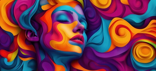 Poster - Vibrant Abstract Portrait of Woman with Colorful Swirls and Patterns, copy space for text
