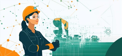 Poster - female engineer in hard hat overseeing robotic automation and industrial technology, copy space for 
