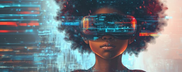 Poster - Virtual Reality Experience with Afro Hairstyle Girl Wearing VR Headset Surrounded by Digital Data, copy space for text