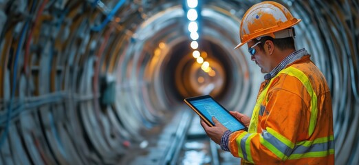 Poster - Construction worker using tablet in underground tunnel for project management and safety, copy space for text