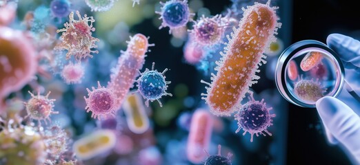 Poster - Microscopic view of bacteria and viruses under magnification with vibrant colors, copy space for text