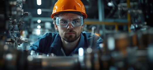 Poster - Focused engineer inspecting machinery in industrial facility with safety gear, copy space for text