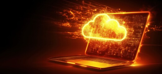Poster - Digital cloud computing concept with glowing laptop and cloud symbol, copy space for text