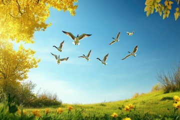 Wall Mural - Flock of birds flying over vibrant green meadow with yellow flowers and blue sky nature concept
