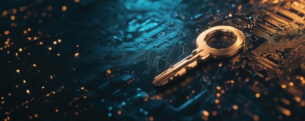 Poster - Golden key on circuit board background symbolizing digital security and technology, copy space for text