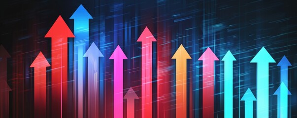 Poster - Colorful upward arrows representing growth and progress in a dynamic background, copy space for text