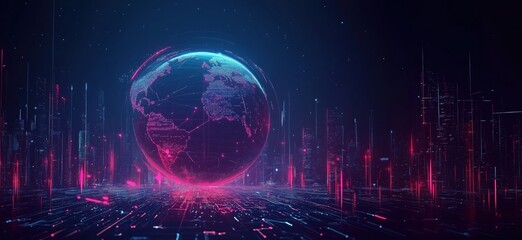 Poster - Futuristic digital globe with neon lights and city skyline in cyberpunk style, copy space for text