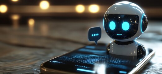 Poster - Cute robot character with glowing blue eyes communicating from smartphone screen, copy space for text