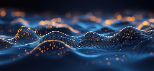 Aufkleber - Abstract digital landscape with glowing particles and flowing waves in blue tones, copy space for text