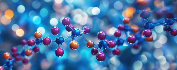 Poster - Colorful molecular structure with vibrant bokeh background and water droplets, copy space for text
