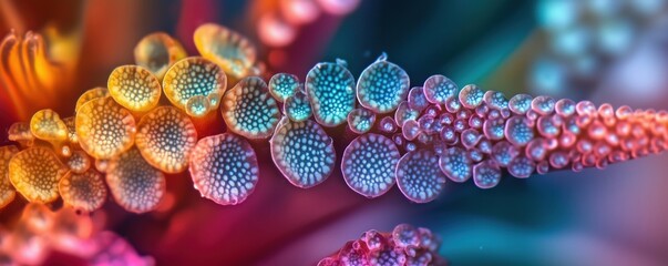 Poster - Colorful close-up of vibrant plant cells showcasing intricate textures and patterns, copy space for text
