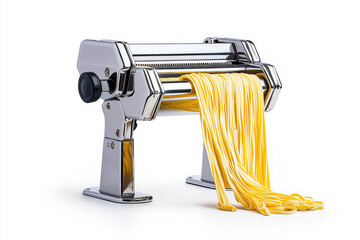 Wall Mural - A large-scale pasta-making machine extruding noodles, isolated on white background.