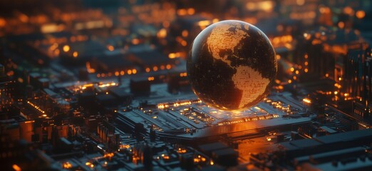 Poster - Glowing digital globe on circuit board representing technology and global connectivity, copy space for text