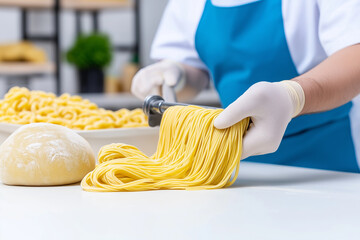 Wall Mural - A large-scale pasta-making machine extruding noodles, isolated on white background.