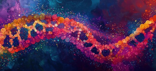 Poster - Colorful abstract representation of DNA structure with vibrant cosmic background, copy space for text