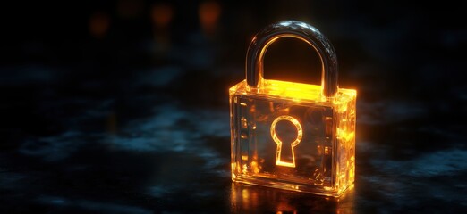 Poster - glowing transparent padlock on dark surface with illuminated keyhole design, copy space for text
