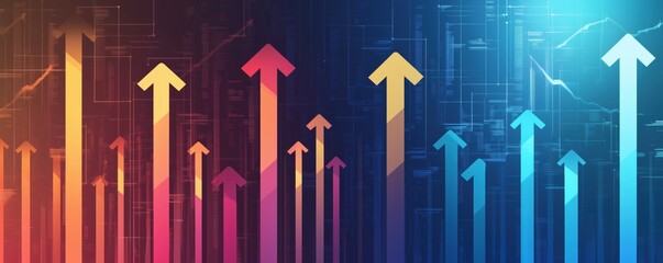 Poster - Colorful upward arrows representing growth and progress in financial markets, copy space for text