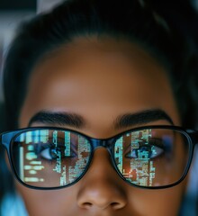 Poster - Close-up of woman with glasses reflecting digital code and data analysis, copy space for text