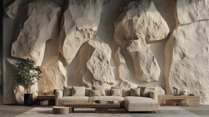 Wall Mural - Modern beige sofa against textured stone wall, sunlit room, interior design