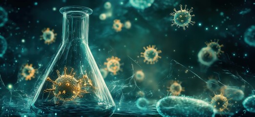 Poster - Microscopic view of viruses in laboratory flask with glowing effects and scientific background, copy space for text