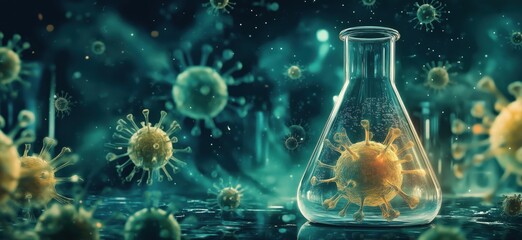 Poster - Microscopic view of viruses in laboratory setting with glass flask and glowing background, copy space for text