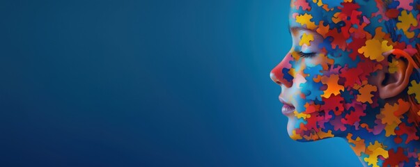 Poster - colorful puzzle pieces forming a human face silhouette against a blue background, copy space for tex