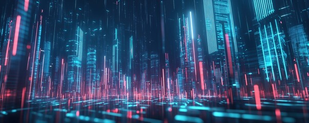 Poster - Futuristic cityscape with neon lights and digital elements in vibrant colors, copy space for text