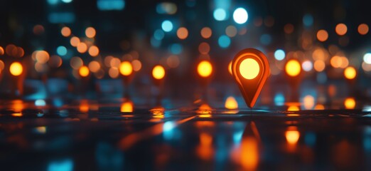 Poster - Glowing location pin in urban setting with vibrant bokeh lights at night, copy space for text