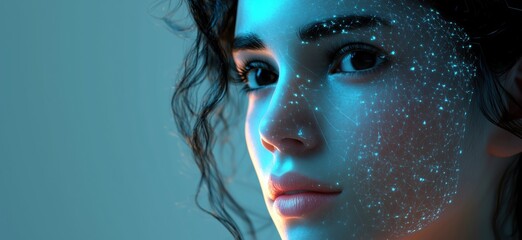 Poster - futuristic portrait of a woman with glowing digital facial network and blue lighting, copy space for